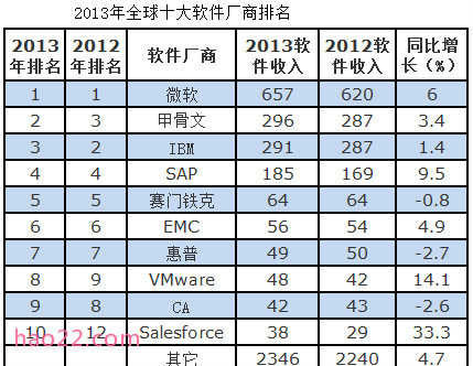 2013年全球十大软件厂商排名 