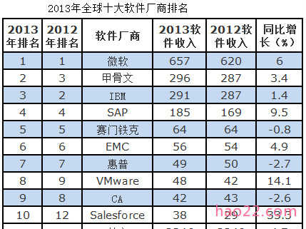 2013年全球软件厂商排名Top10 